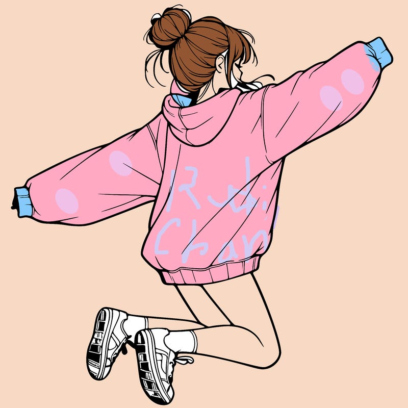 realistic girl jumping with a bun and oversized sweatshirt