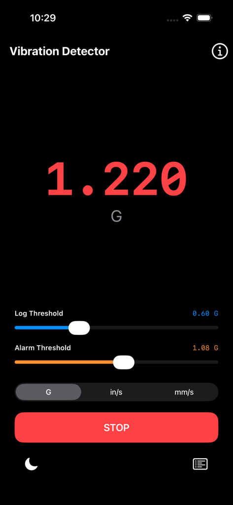 Vibration Detector app interface with real-time G-force readout and alarm threshold settings