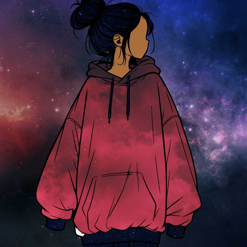 realistic girl with a oversized sweatshirt on and a bun