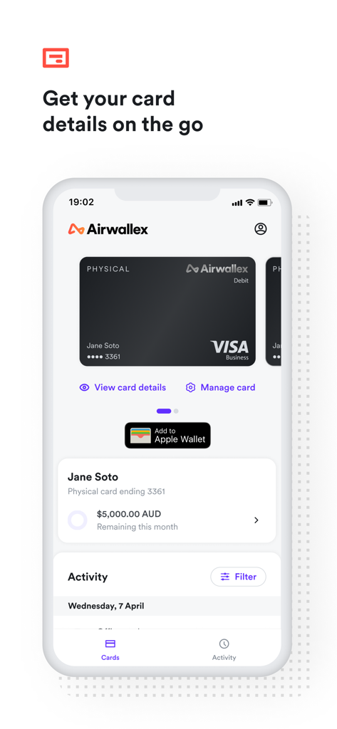 Airwallex - Airwallex mobile app interface for managing business debit cards and tracking spending