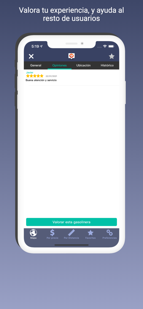 User reviews and rating screen of the Gasolineras España mobile application showing a five star review