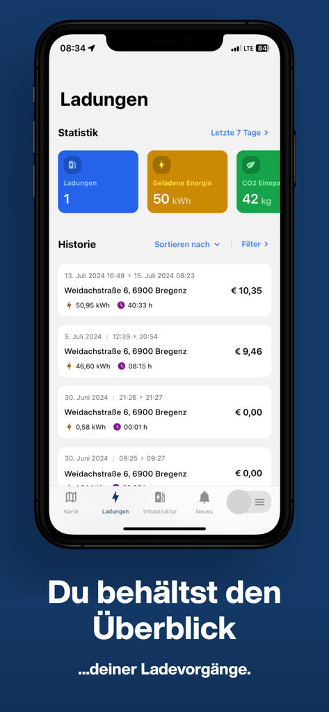 vkw vlotte - A mobile app interface displaying electric vehicle charging history and energy statistics including kWh and CO2 savings.