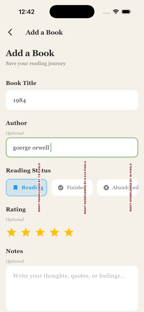 bookmind ai - BookMind AI 앱 화면에 제목, 저자, 읽기 상태, 평점 및 개인 메모 필드가 있는 도서 추가 양식이 표시됩니다.