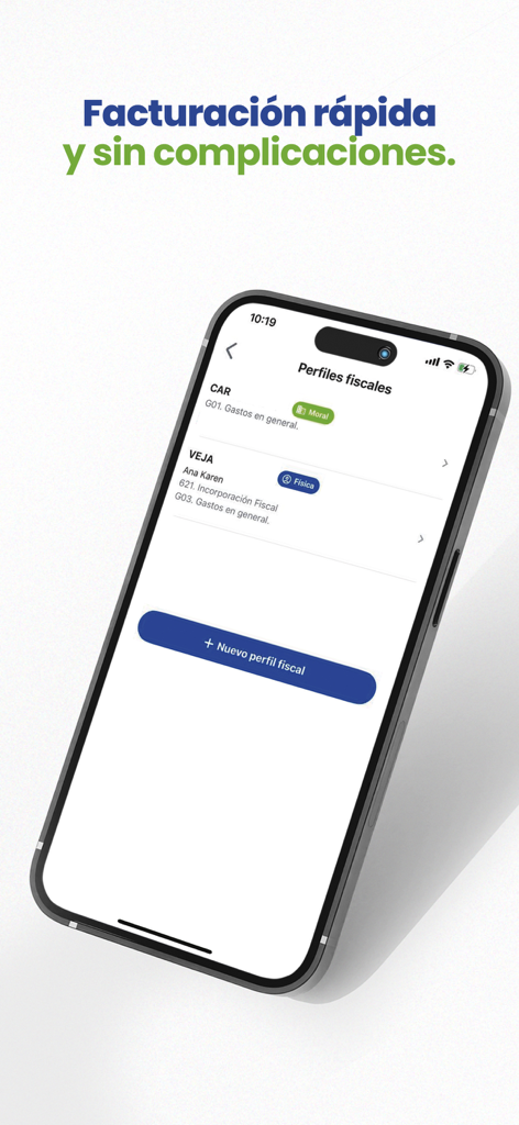 PASE - Mobile screen showing tax profiles and billing management in the PASE app