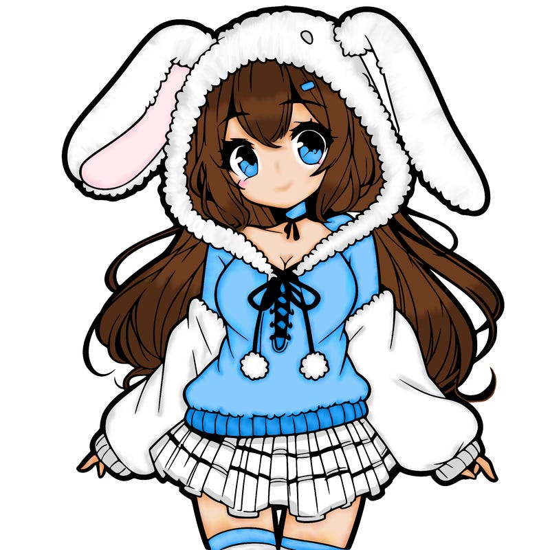 pretty anime girl wearing a fluffy hoodie with bunny ears on the hood and a skirt