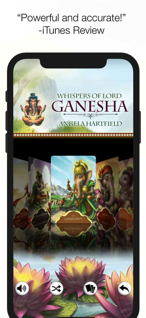 Whispers of Lord Ganesha - Whispers of Lord Ganesha mobile app interface showing a deck of oracle cards with spiritual illustrations