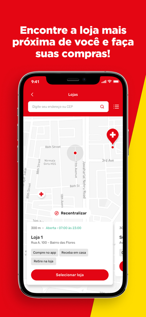 Ultra Popular: Farmácia Online - Mobile app interface showing a map with nearby Ultra Popular pharmacy locations and a store selector.