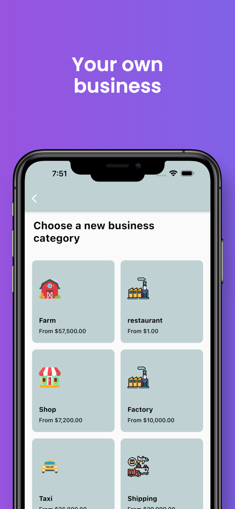 Sim Life - Business Simulator - Menu for choosing a new business category in Sim Life Business Simulator.