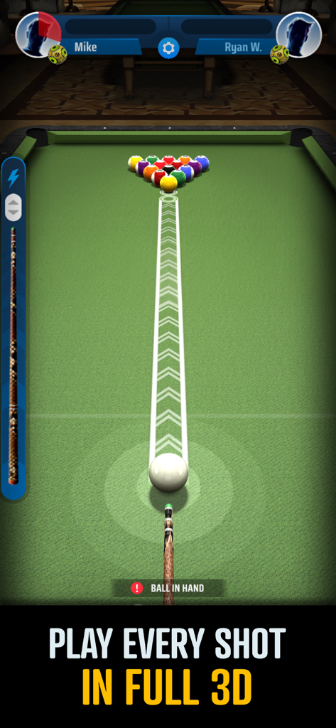 A low angle 3D gameplay view of a billiard table with a cue ball aiming at the racked balls