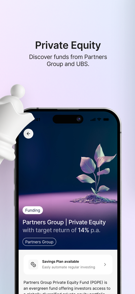 NAO Co-Investment - NAO app screen showing private equity investment opportunities from Partners Group and UBS with target returns