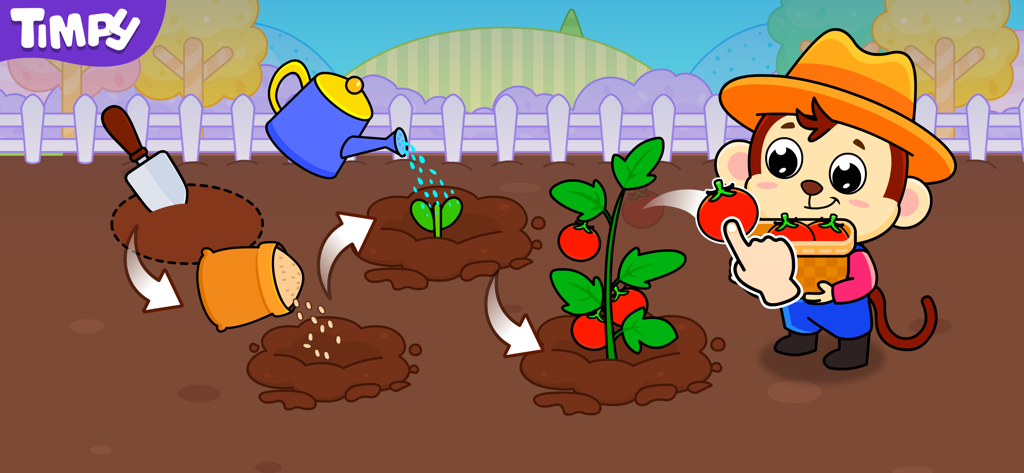 Barn & Farm Games For Kids - A cartoon monkey farmer showing the process of planting and harvesting tomatoes