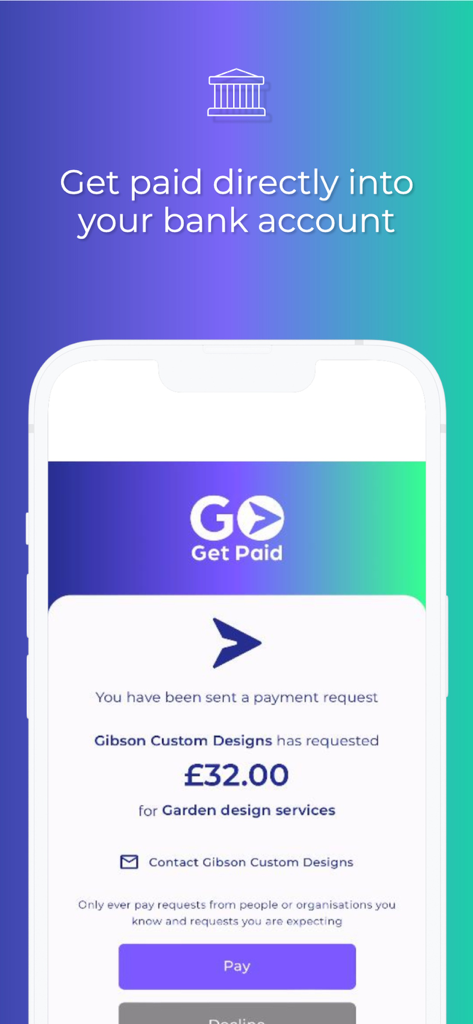 Go Get Paid app interface showing a mobile payment request for a small business service