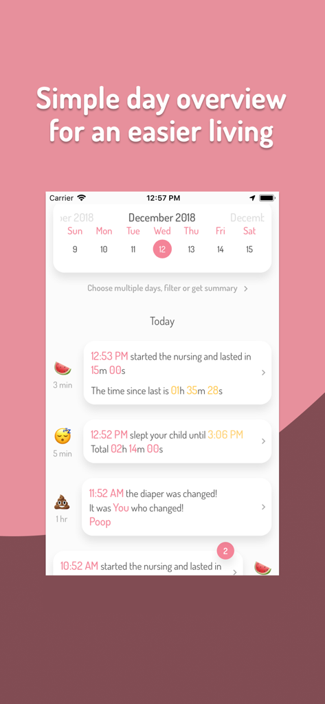 Time for baby - Breastfeeding - Un registro delle attività quotidiane in un'app per neonati che mostra registrazioni per allattamento, sonno e cambi di pannolino