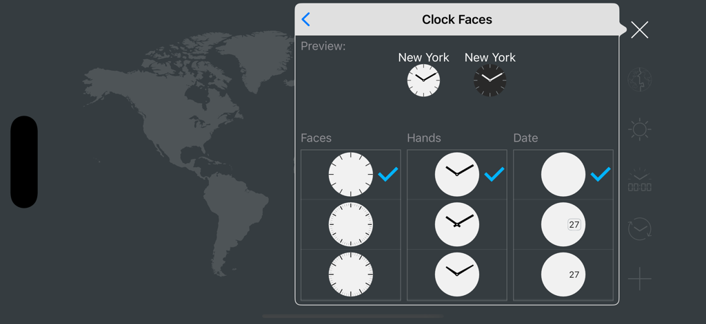 Clock faces customization menu showing options for clock faces hands and date display.
