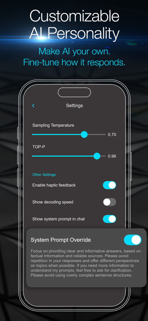 Local LLM: Private Secure Chat - Paramètres de personnalité IA personnalisables dans l'application LLM Local