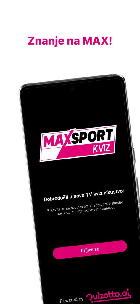 MAXSport Kviz - MAXSport Kviz welcome screen with login button and app logo