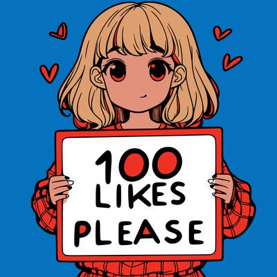 a girl holding a sign saying 100 likes please
