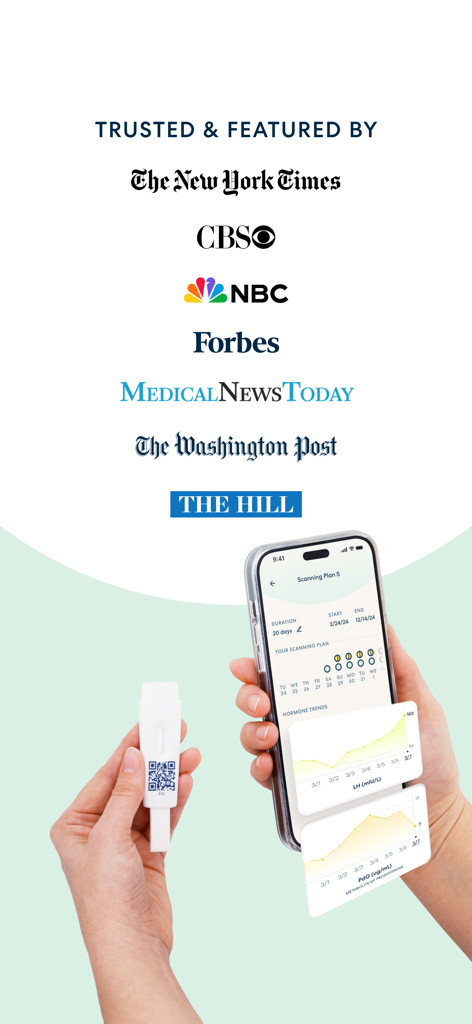 OOVA - A mobile screen showing hormone trend graphs in the Oova app next to a physical test strip and logos of major news outlets like Forbes and The New York Times.