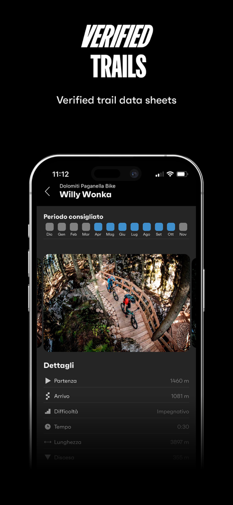 MowiBike - Captura de tela do aplicativo MowiBike mostrando dados oficiais e detalhes técnicos da trilha de mountain bike Willy Wonka
