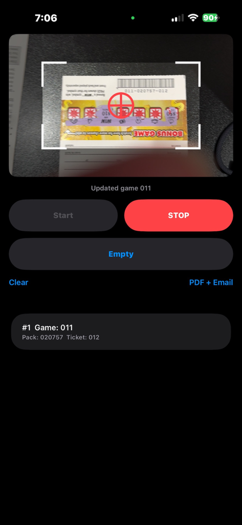 ScanBuddyNC app interface scanning a North Carolina lottery scratch off ticket barcode