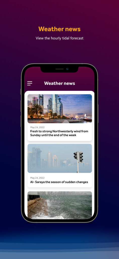 Q Weather 모바일 앱에 표시되는 공식 날씨 뉴스 피드 및 조수 예보.