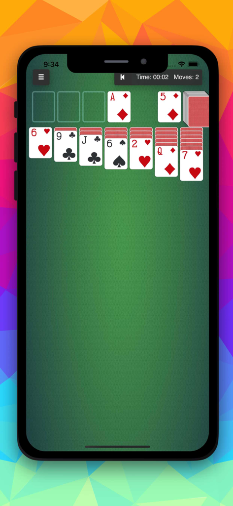 A classic Klondike solitaire game in progress on an iPhone with a clean green background and standard card designs.
