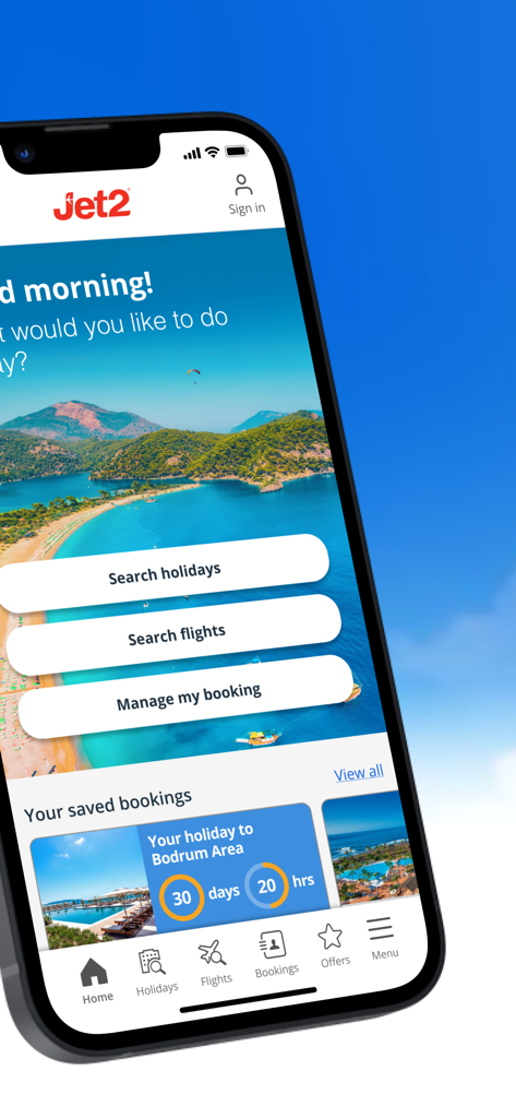 Pantalla de inicio de la app Jet2 con botones para buscar vacaciones y vuelos y una cuenta atrás para un viaje a Bodrum