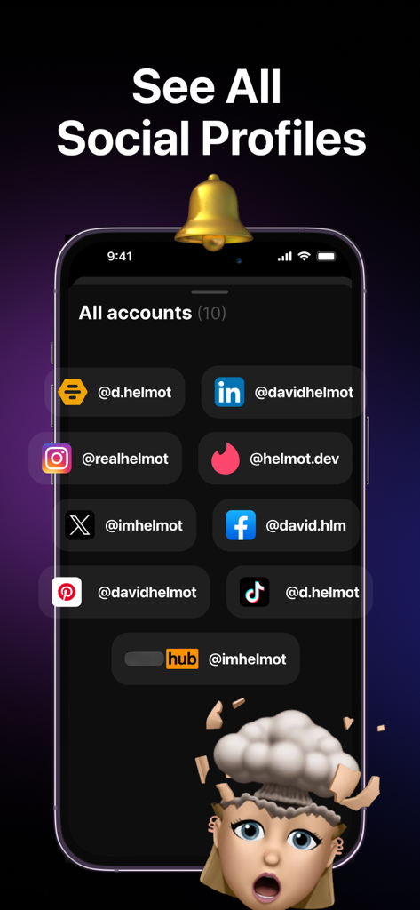 A mobile interface of the DeepSearch app displaying a consolidated list of various social media profiles and handles for a single person.