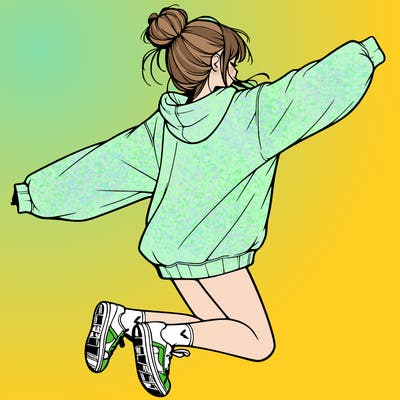 realistic girl jumping with a bun and oversized sweatshirt