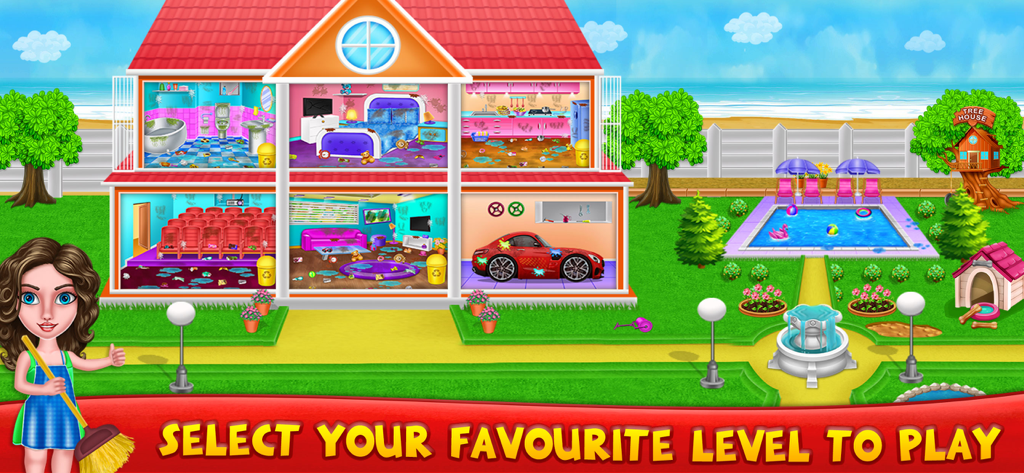 Messy House Cleaning Games - Uma tela de seleção de nível estilo casa de bonecas mostrando vários quartos bagunçados e áreas externas para limpar.
