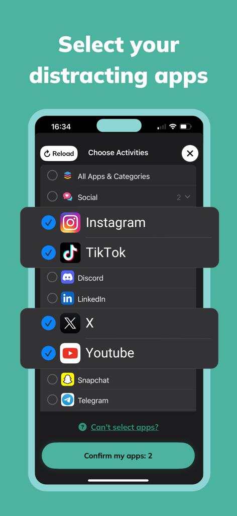 Mobile screen showing a list of social media apps like Instagram and TikTok being selected for blocking