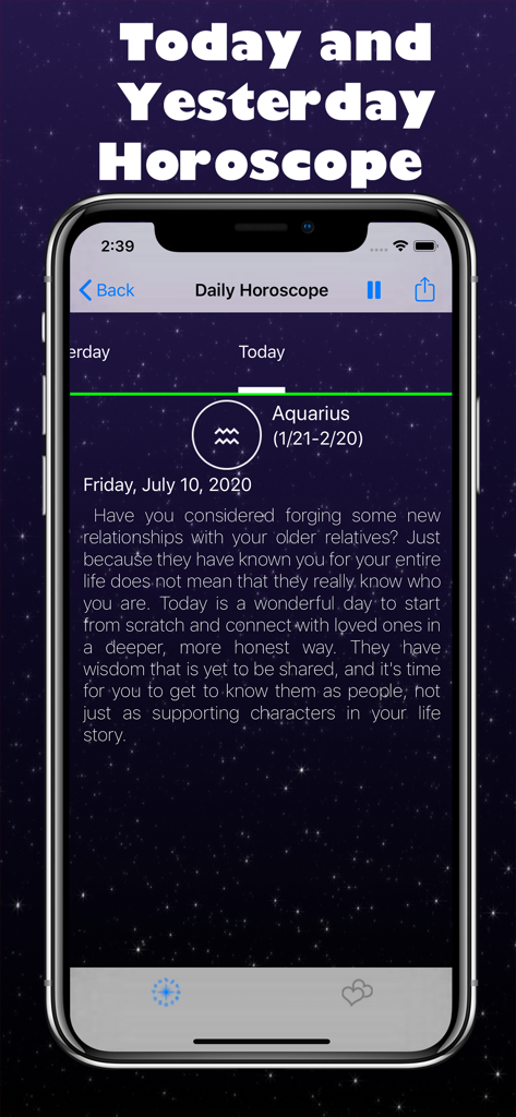 점성술 인사이트가 담긴 물병자리 일일 운세를 보여주는 모바일 앱 인터페이스