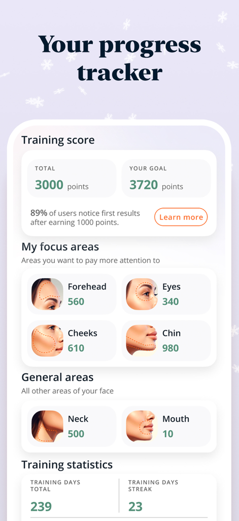 Luvly: Face Yoga Exercises - Uma tela de rastreamento de progresso do aplicativo Luvly mostrando pontuações de treinamento para diferentes áreas faciais como testa e queixo, juntamente com estatísticas de treino.