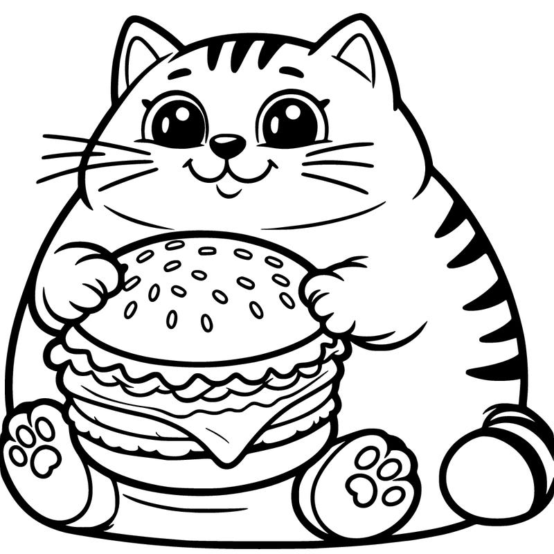 a fat cat with a cheeseburger