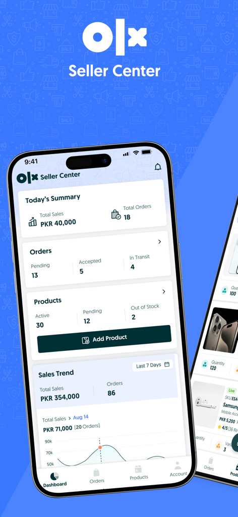 OLX Pakistan Seller Center Dashboard zeigt Verkaufzusammenfassung und Bestellverwaltung.
