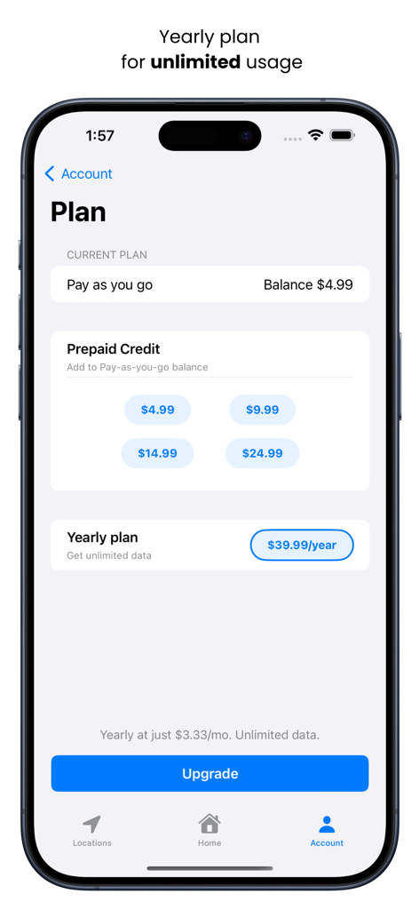 Serverless VPN - UpVPN - UpVPN app screen displaying pay as you go and yearly subscription options