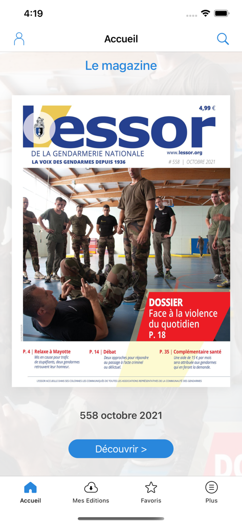 L'Essor de la Gendarmerie - Écran d'accueil de l'application d'actualités L'Essor de la Gendarmerie affichant la couverture d'un magazine avec des gendarmes en formation