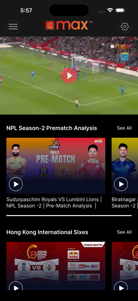 Kantipur Max HD app interface showing live football streaming and cricket tournament highlights.