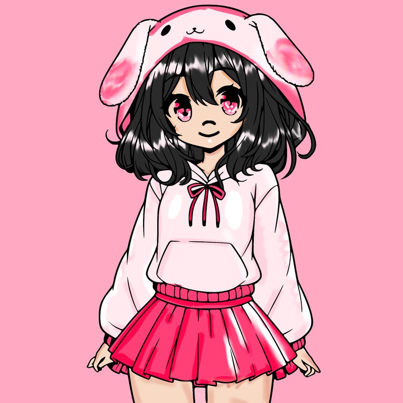 pretty anime girl wearing a fluffy hoodie with bunny ears on the hood and a skirt
