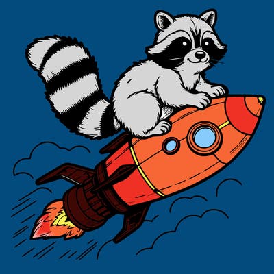 realistic raccoon flying on top rocket ship