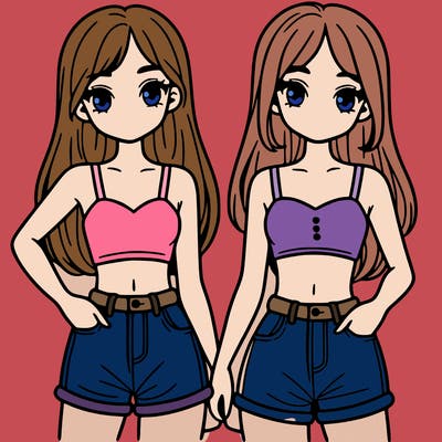 two sisters with crop tops and jean shorts and straight hair