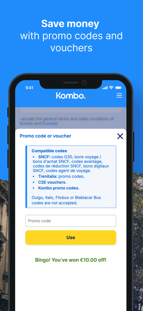 Kombo: Train, Bus & Flights - Interface of the Kombo app showing a promo code entry screen for train and bus ticket discounts