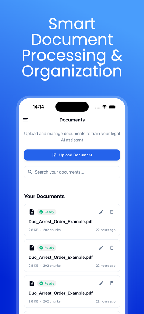 Interface do aplicativo v-Lawyer mostrando painel de processamento e organização de documentos jurídicos com opções de upload