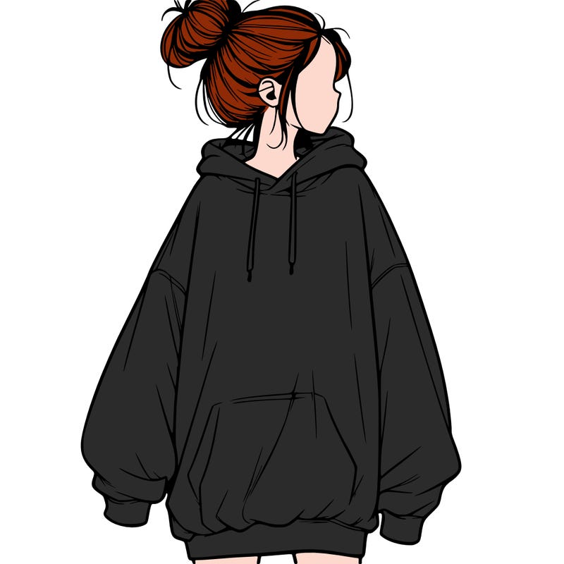 realistic girl with a oversized sweatshirt on and a bun