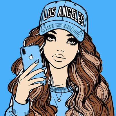 realistic beautiful girl wearing los ángeles cap holding an iphone
