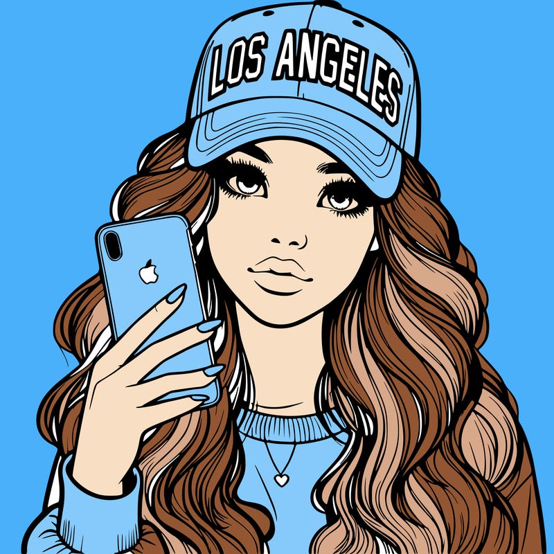 realistic beautiful girl wearing los ángeles cap holding an iphone
