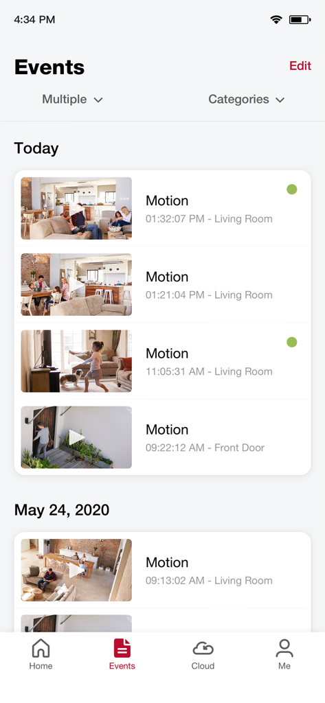 meShare - Lista de eventos de movimento de câmeras de segurança residencial no aplicativo meShare