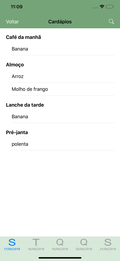 Minha Escola - Pantalla del menú escolar diario en la aplicación Minha Escola que muestra las opciones de desayuno, almuerzo y merienda