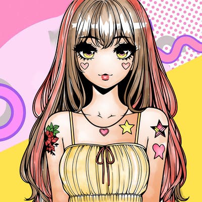 realistic anime girl with long hair star heart tattoos with a simple fabric dress with full lips