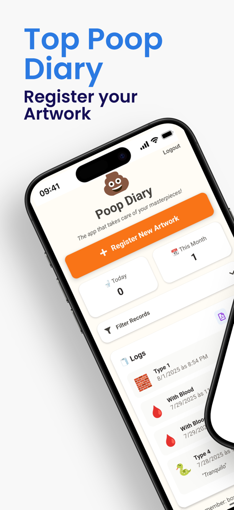 Top Poop Diary - Dashboard of the Top Poop Diary app showing the register new artwork button and digestive health logs
